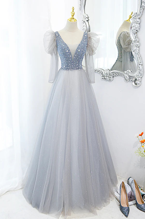 Wholesale Cute V-Neck Tulle Long Prom Dress with Beaded A-Line Long Sleeve Evening Dress